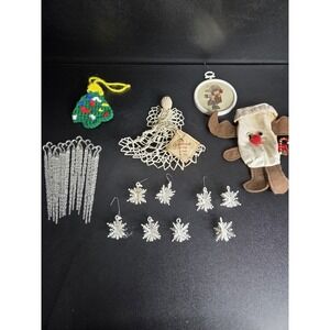 Vintage Christmas Ornament Lot Crochet Angel Icicles Snowflakes Reindeer Craft